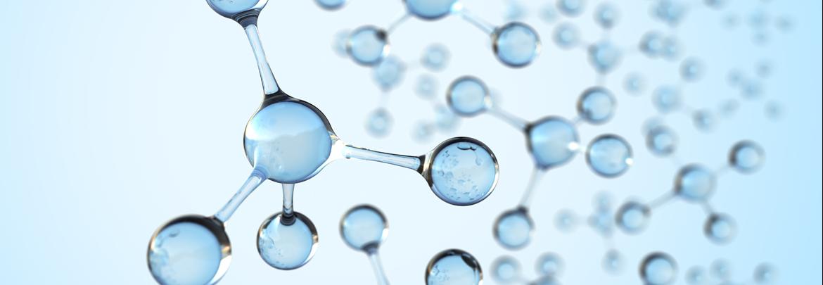 Molecules floating against a light blue background.
